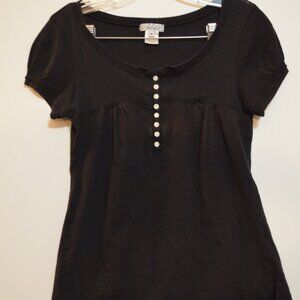 fulltilt TM Cotton Short Sleeves Knit Top 1/3 white Buttons Front Black Blouse M